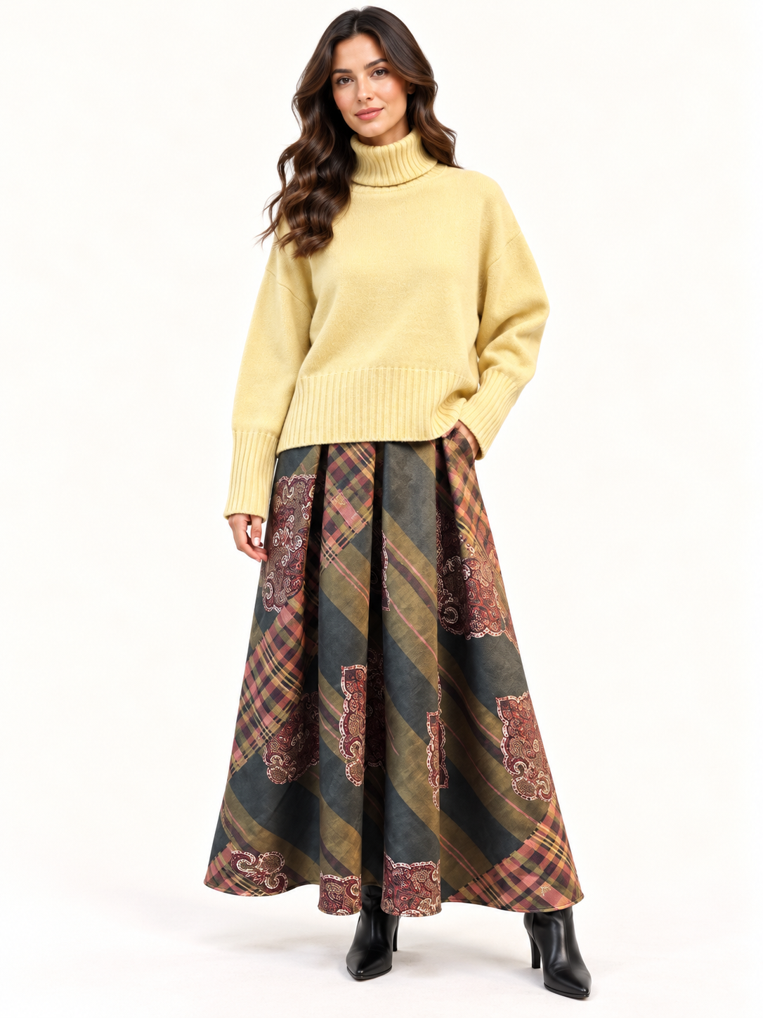 Women's High-Waisted Pleated Maxi Skirt- Paisley & Check Print