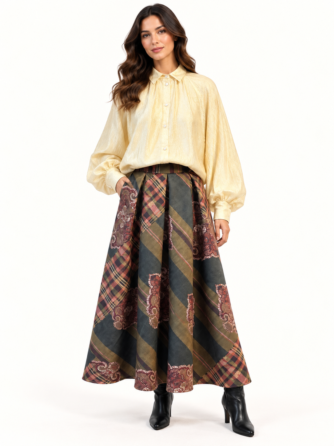 Women's High-Waisted Pleated Maxi Skirt- Paisley & Check Print