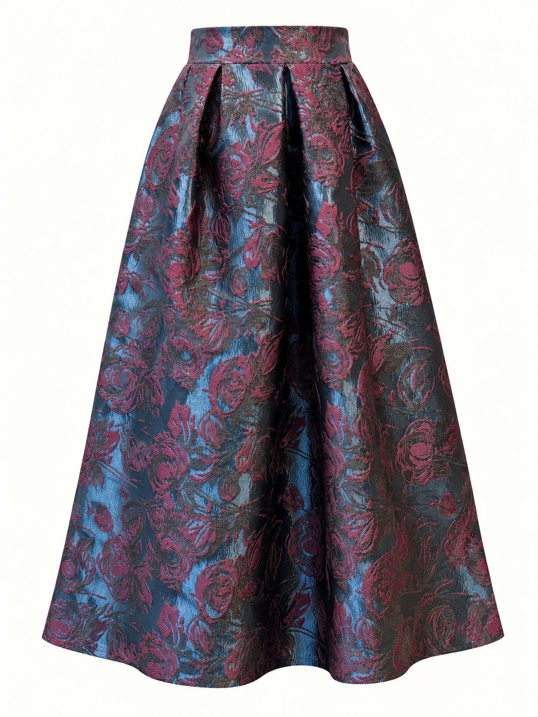 Women's Navy & Burgundy Floral Jacquard Pleated Midi Skirt