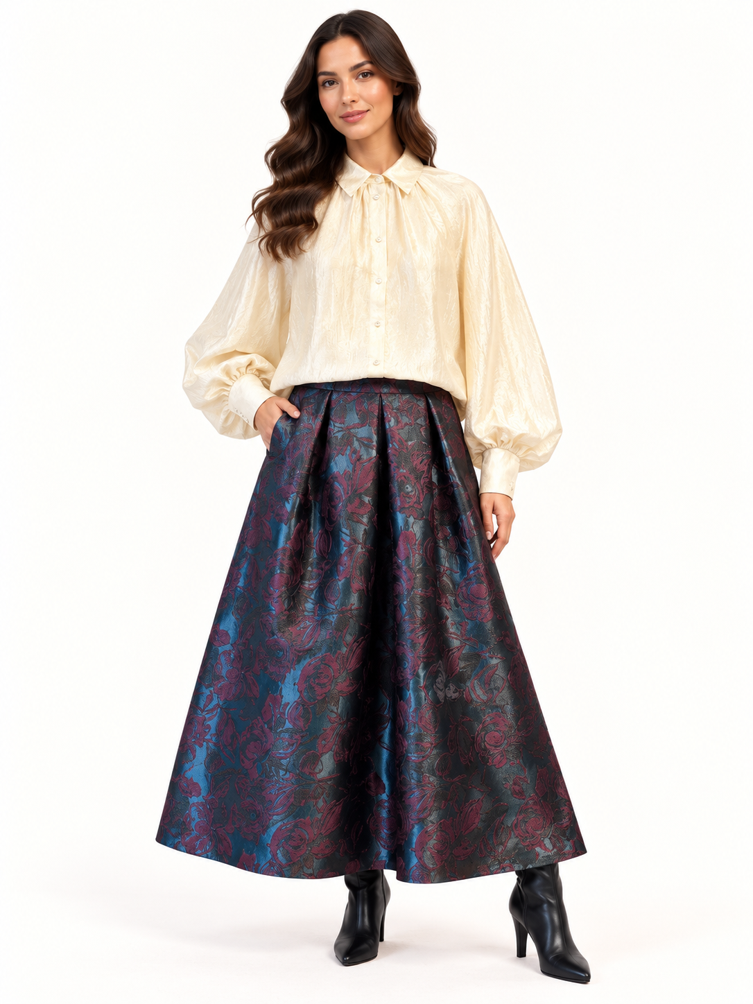Women's Navy & Burgundy Floral Jacquard Pleated Midi Skirt