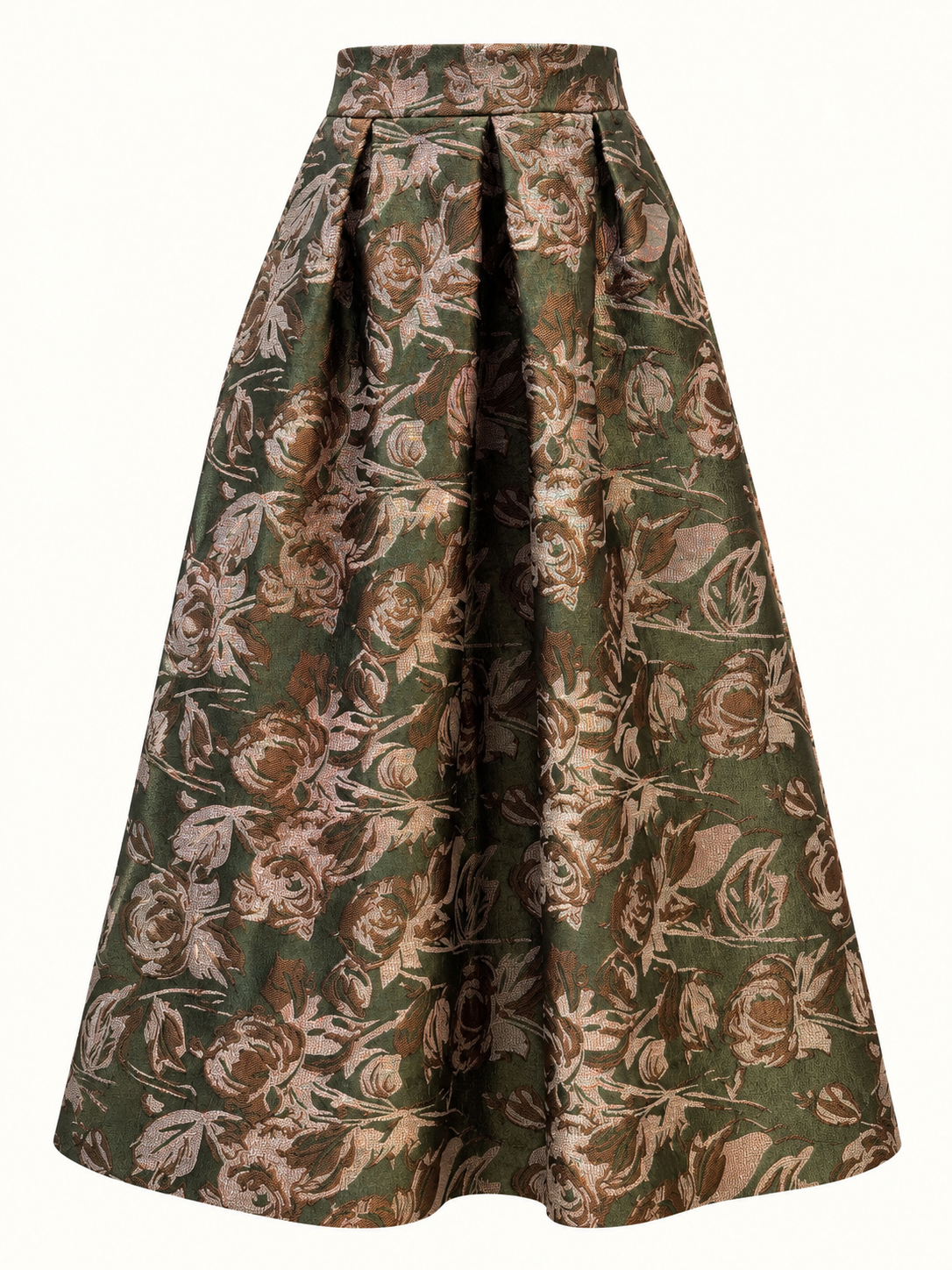 Olive Green & Rose Gold Floral Jacquard Pleated Midi Skirt