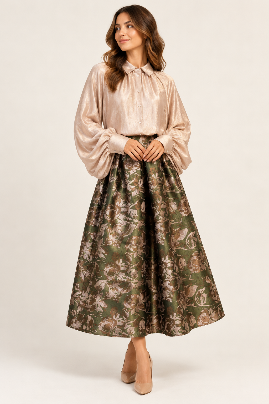Olive Green & Rose Gold Floral Jacquard Pleated Midi Skirt