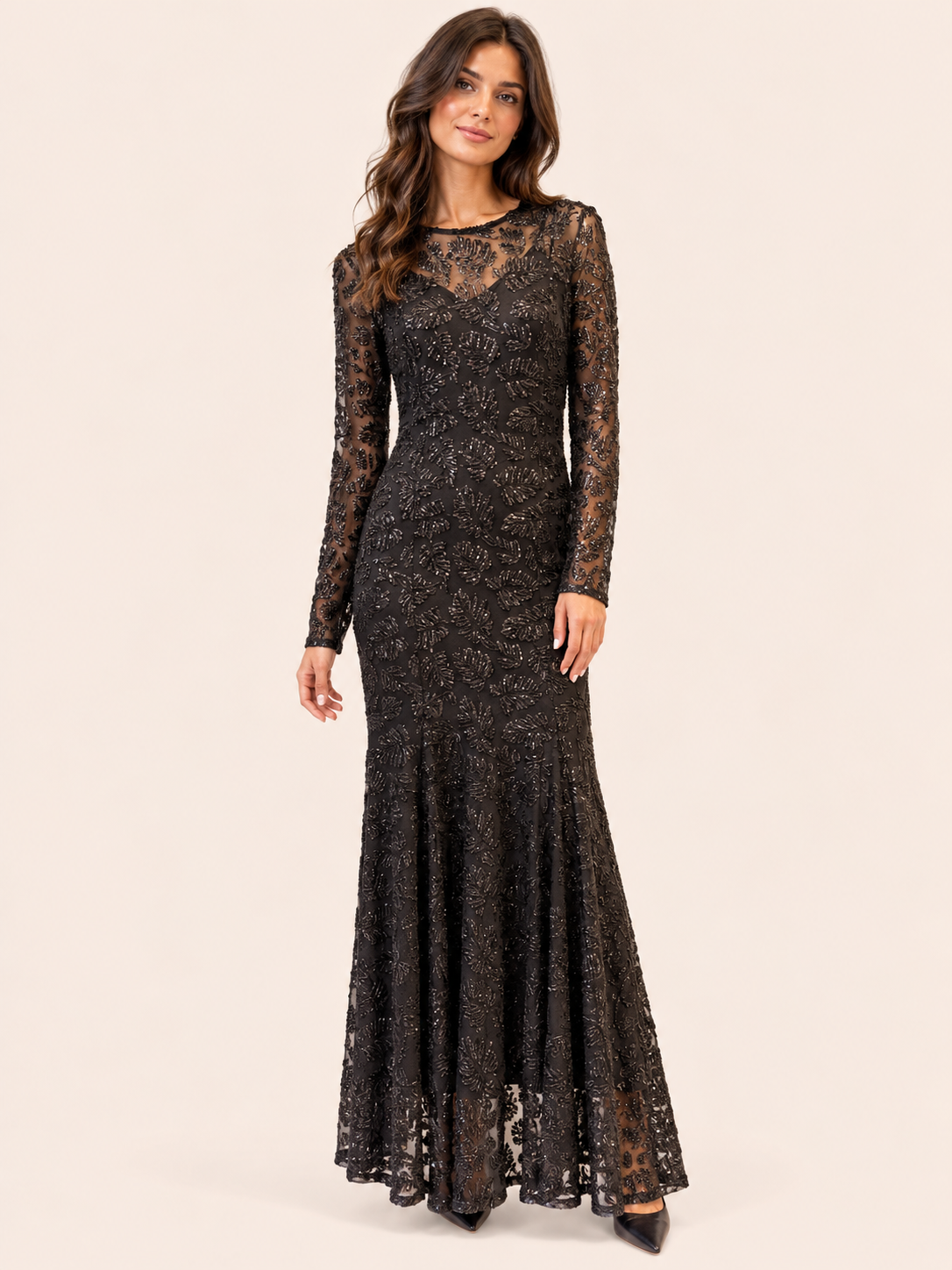 Black Sequin Embellished Maxi Evening Dress With Sheer Long Sleeves - Party Dress