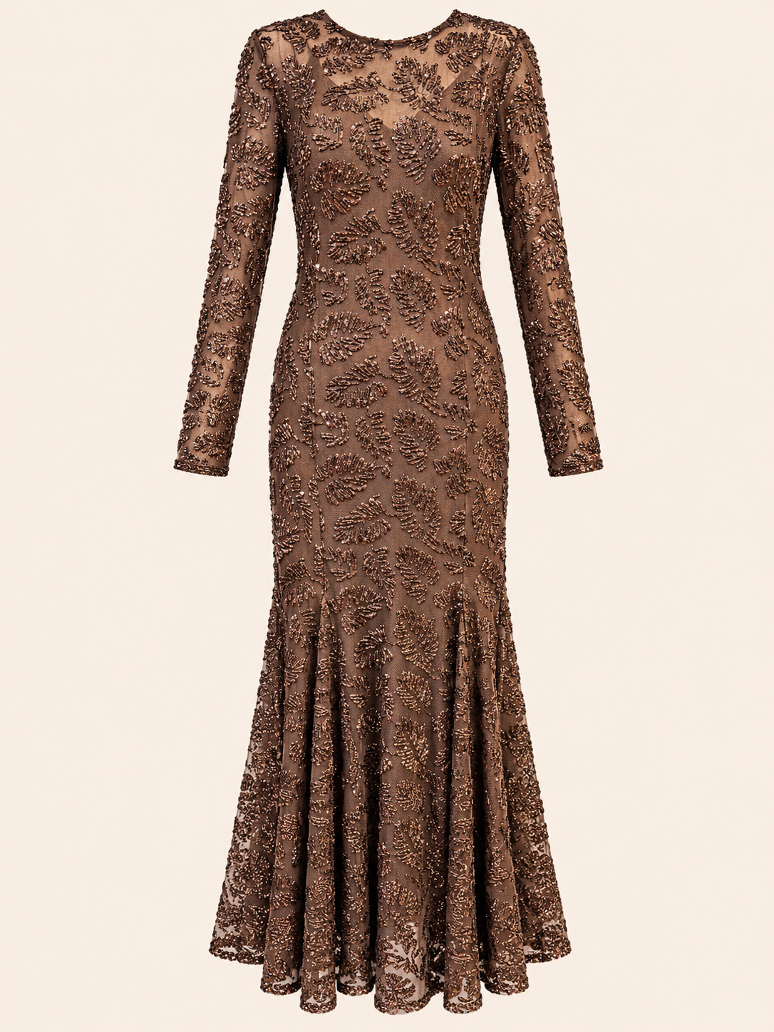 Brown Sequin Embellished Maxi Evening Dress With Sheer Long Sleeves - Party Dress