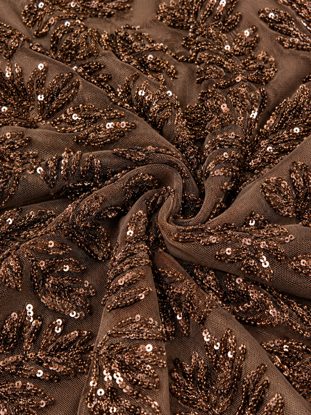 Brown Sequin Embellished Maxi Evening Dress With Sheer Long Sleeves - Party Dress