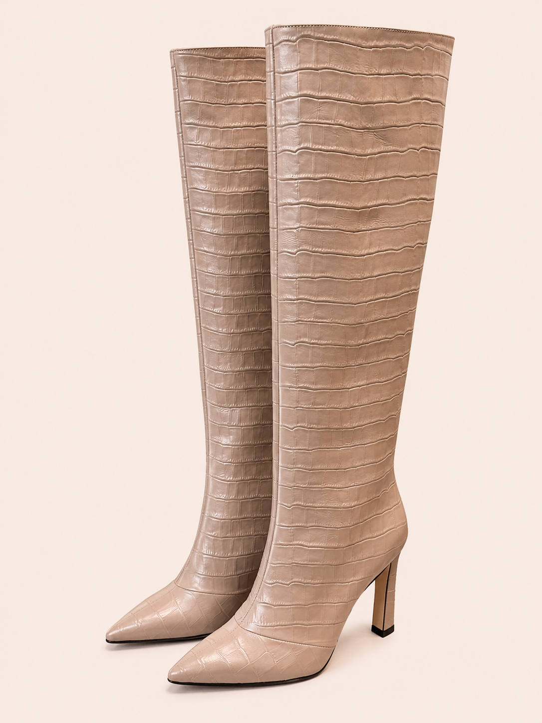 Grey Taupe Croc-Embossed Knee-High Boots With High Heels - Women's Pointed-Toe Boots