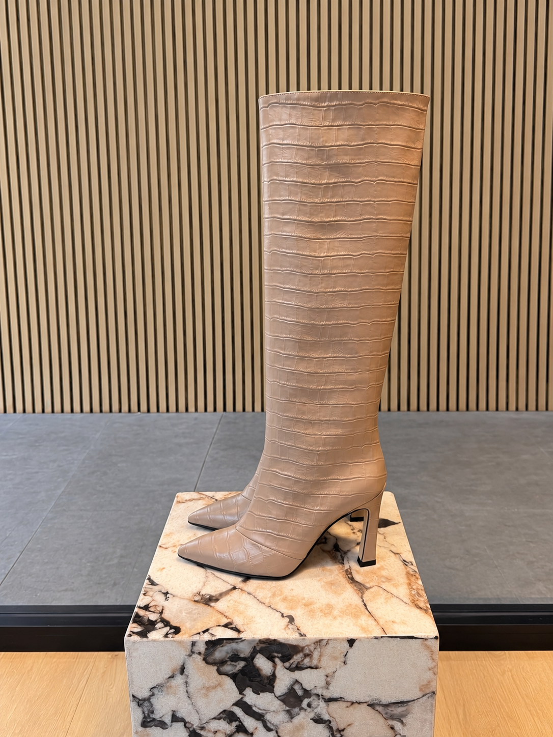 Grey Taupe Croc-Embossed Knee-High Boots With High Heels - Women's Pointed-Toe Boots