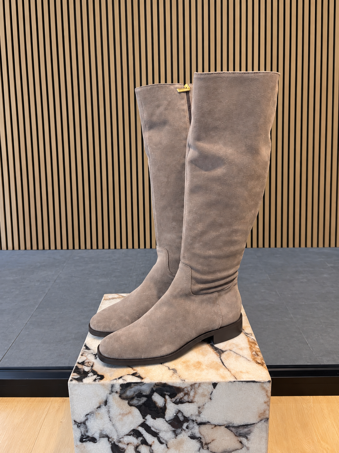 Grey Taupe Suede Knee-High Boots With Low Block Heel