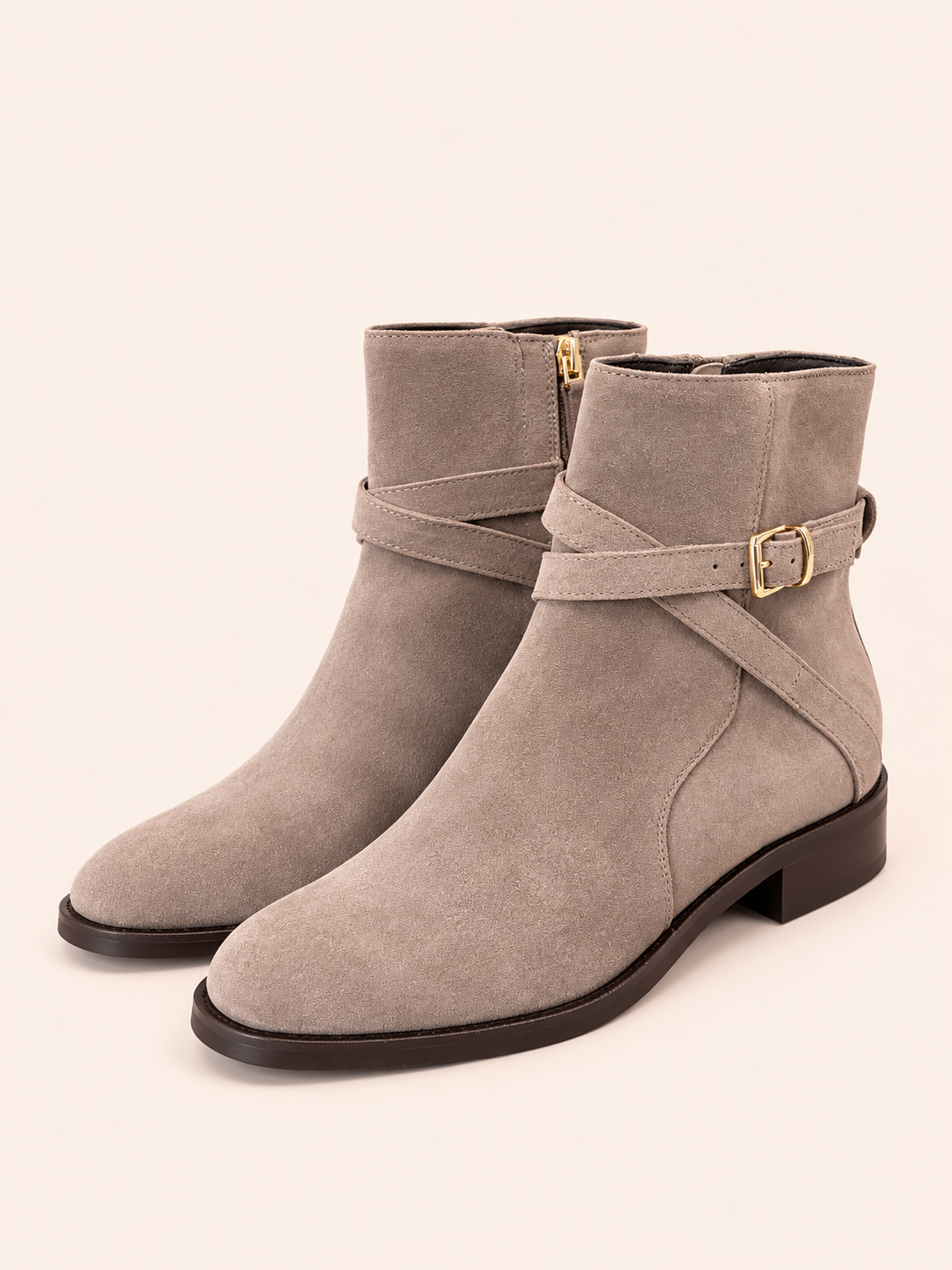 Grey Taupe Suede Ankle Boots With Gold Buckle Straps And Low Heel