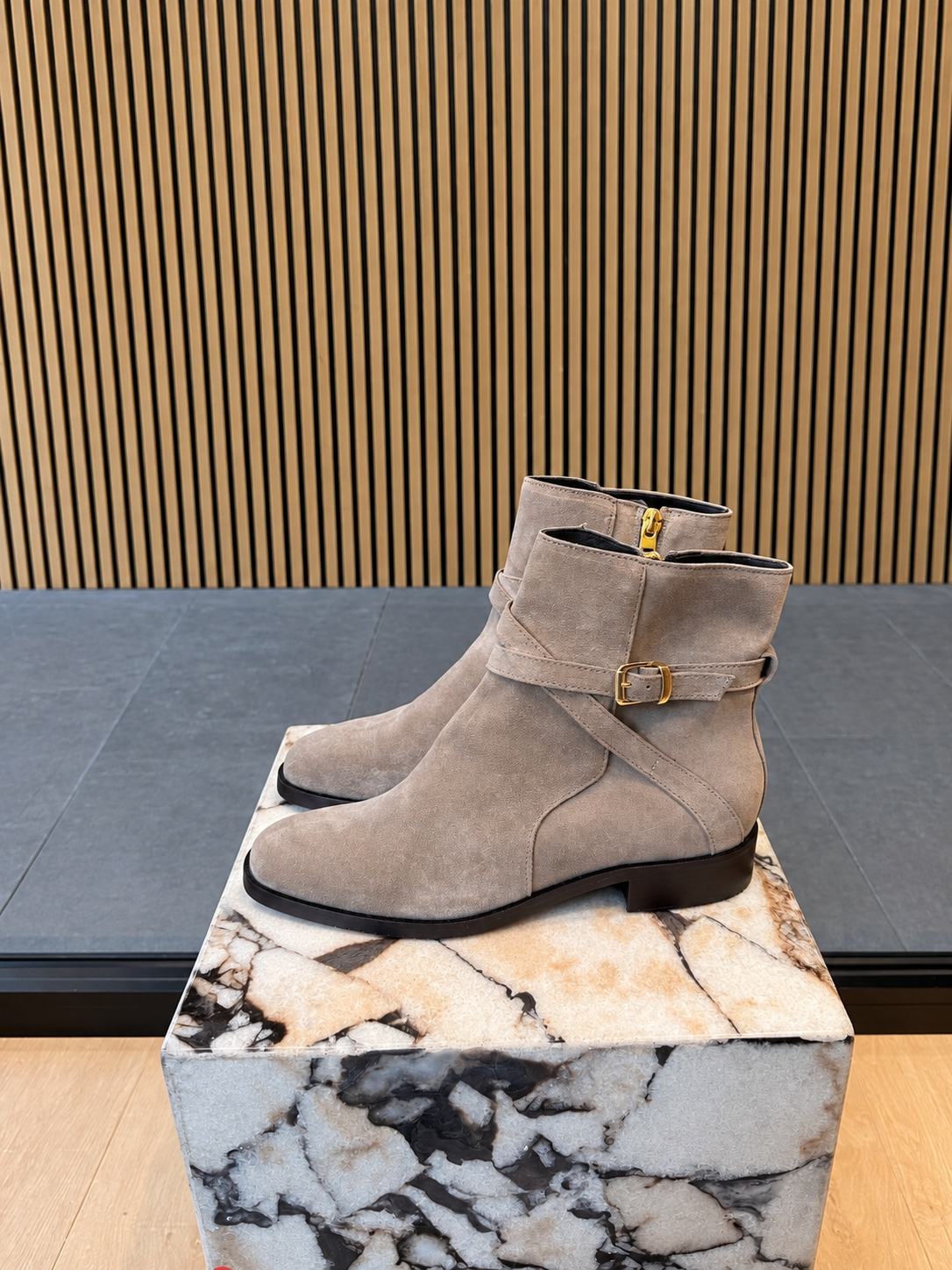 Grey Taupe Suede Ankle Boots With Gold Buckle Straps And Low Heel