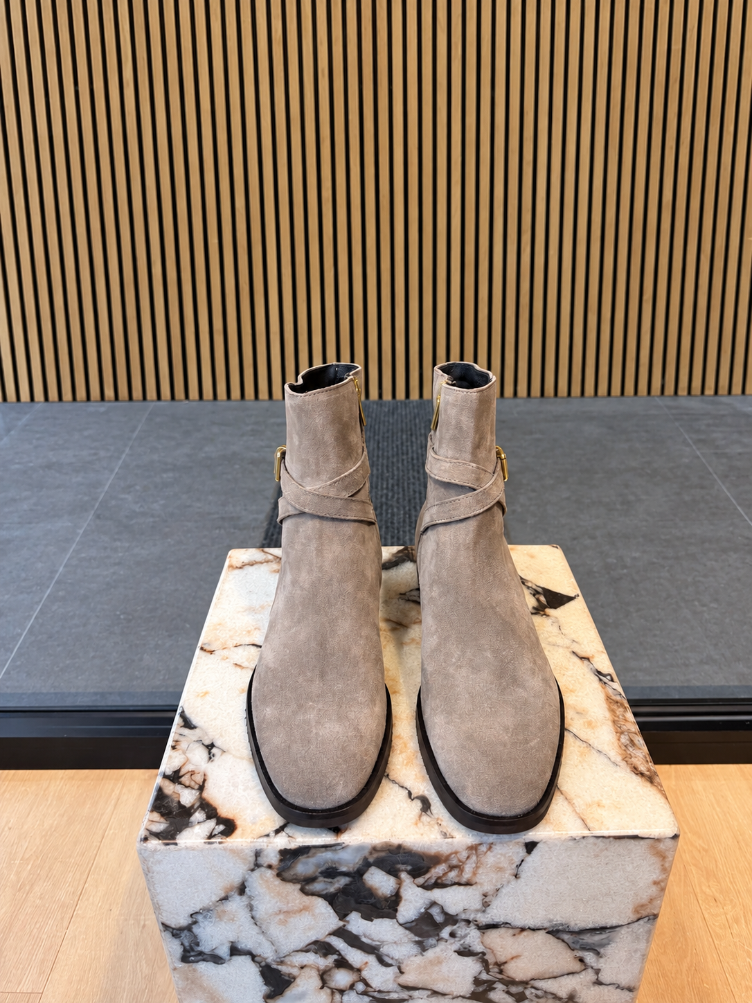 Grey Taupe Suede Ankle Boots With Gold Buckle Straps And Low Heel