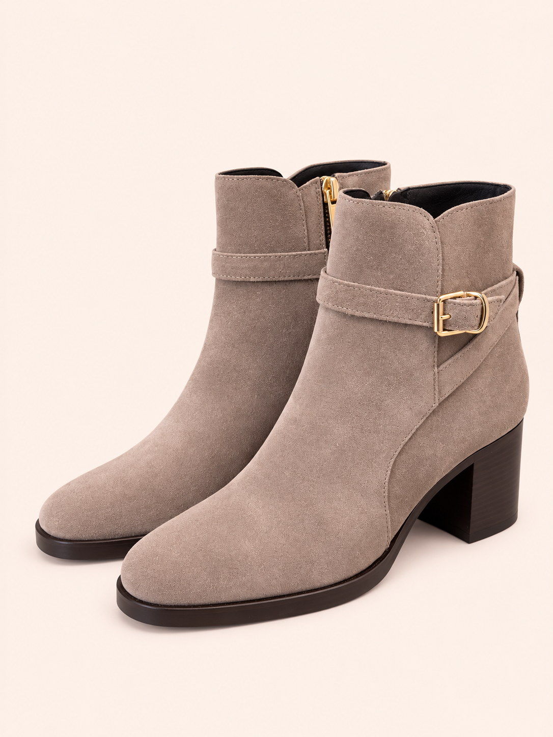 Grey Taupe Suede Ankle Boots With Gold Buckle & Block Heel