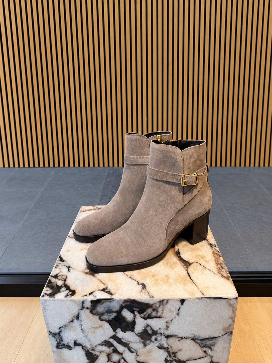 Grey Taupe Suede Ankle Boots With Gold Buckle & Block Heel