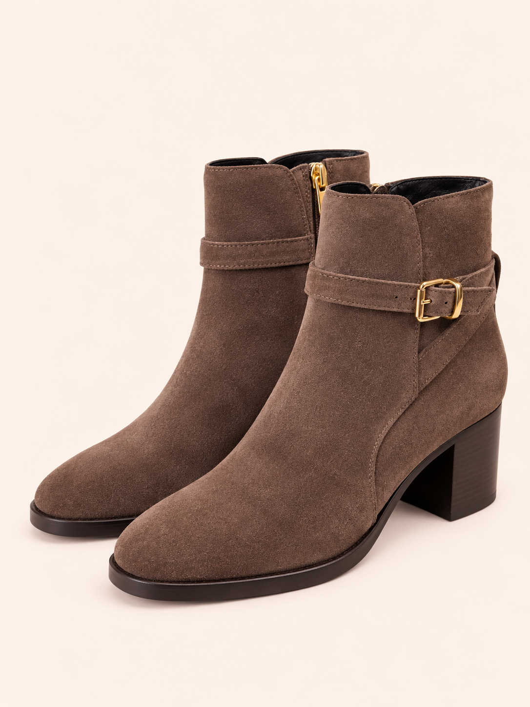 Brown Suede Ankle Boots With Gold Buckle & Block Heel