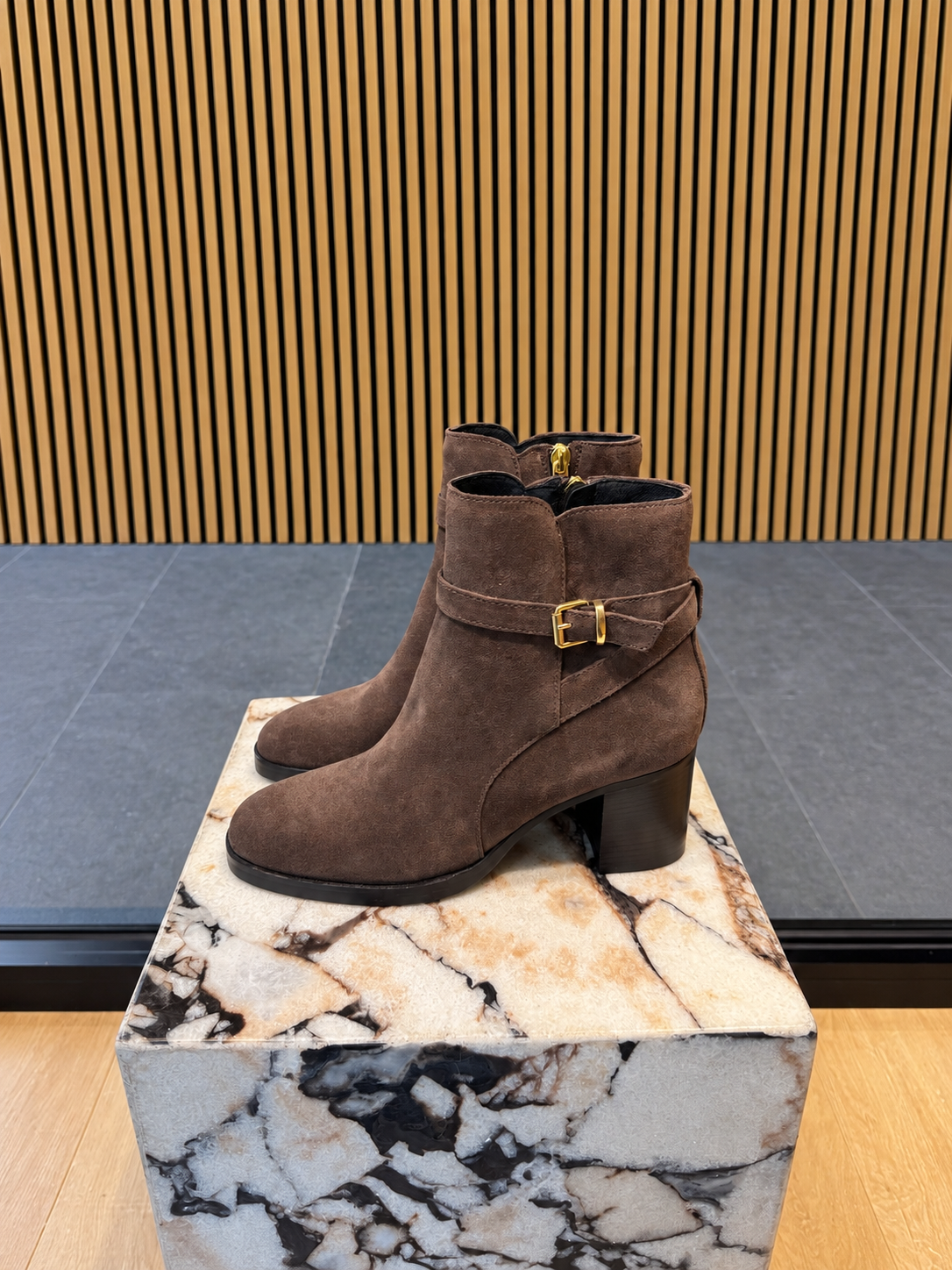 Brown Suede Ankle Boots With Gold Buckle & Block Heel