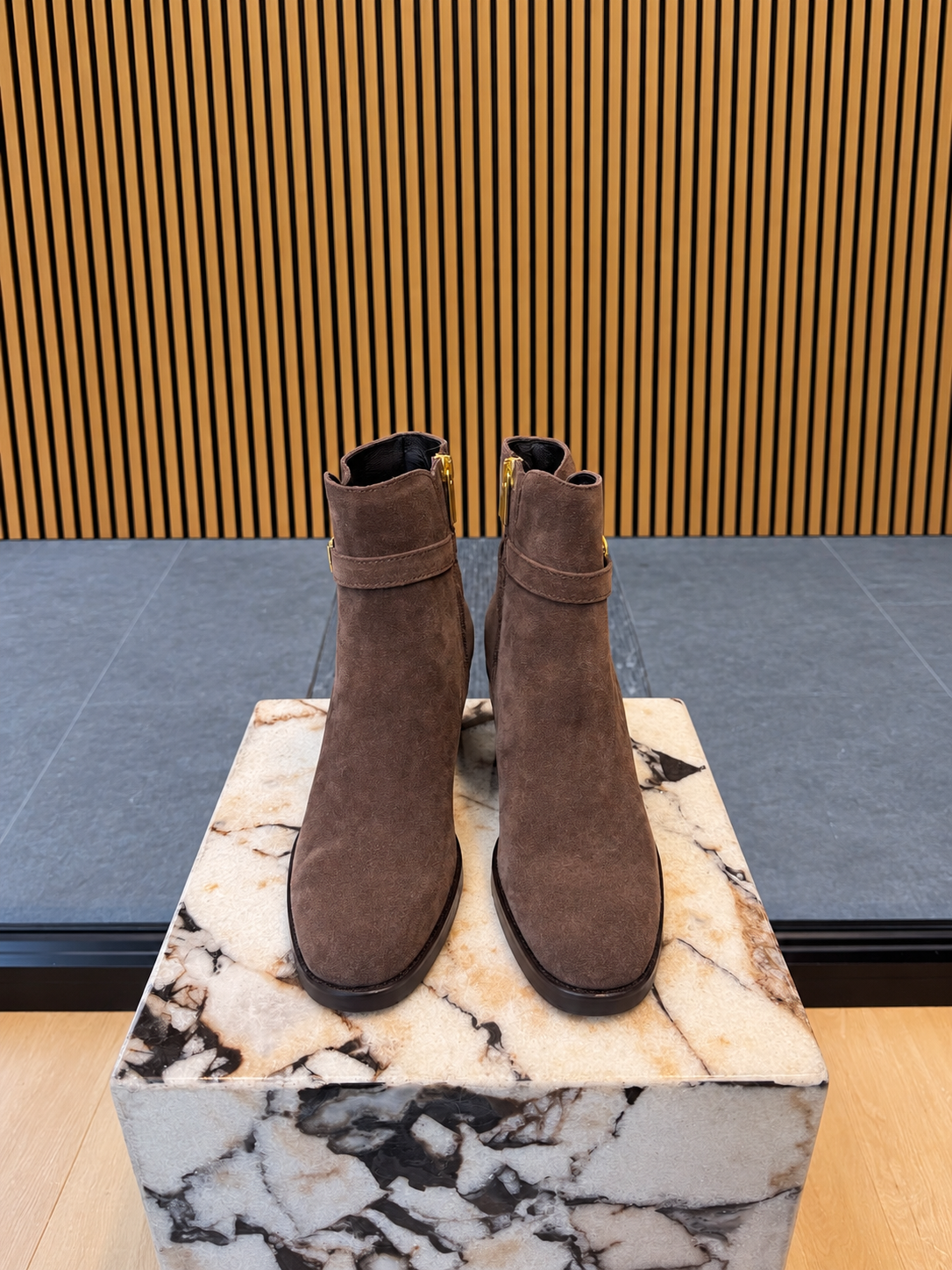 Brown Suede Ankle Boots With Gold Buckle & Block Heel