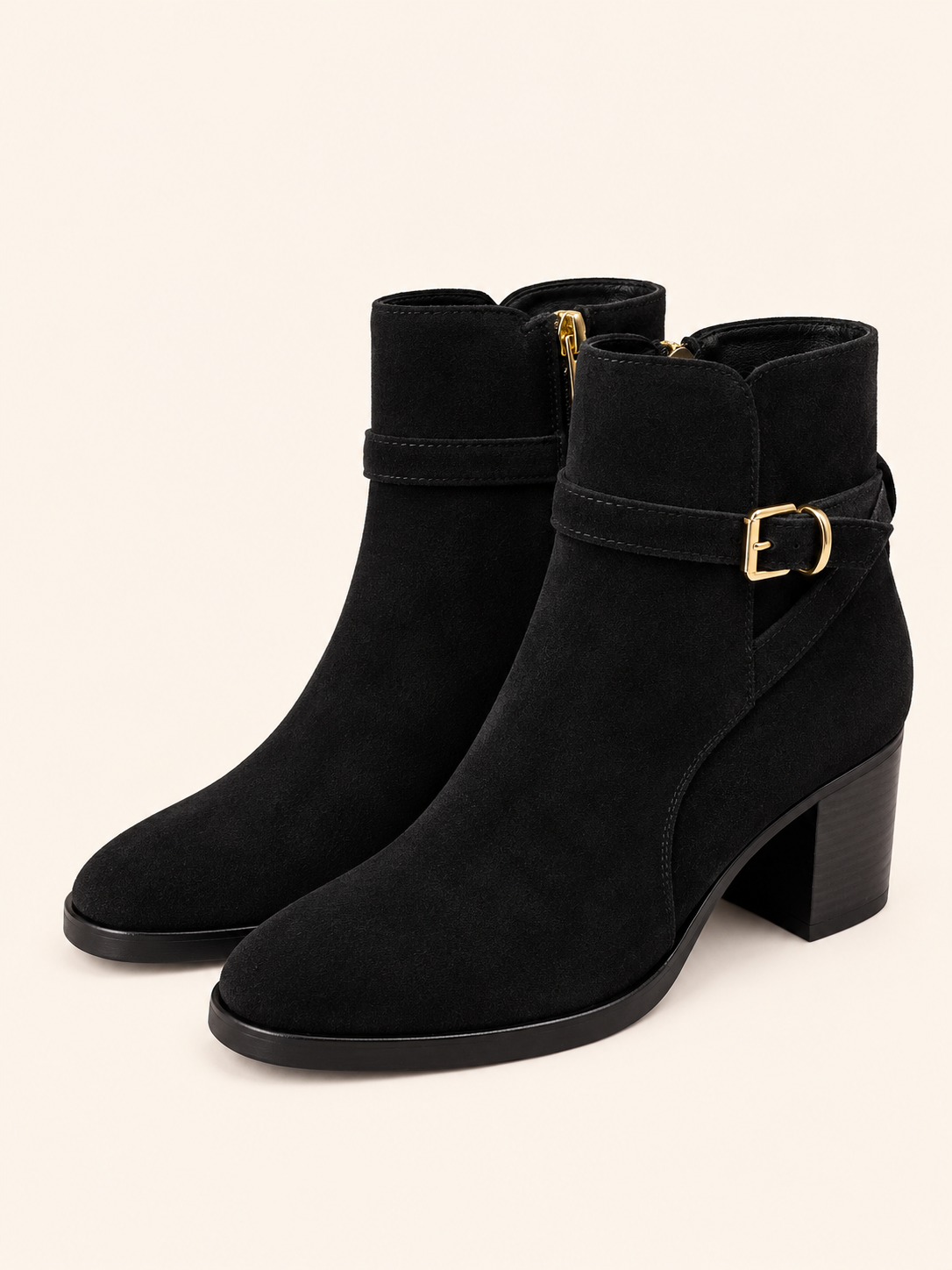 Black Suede Ankle Boots With Gold Buckle & Block Heel