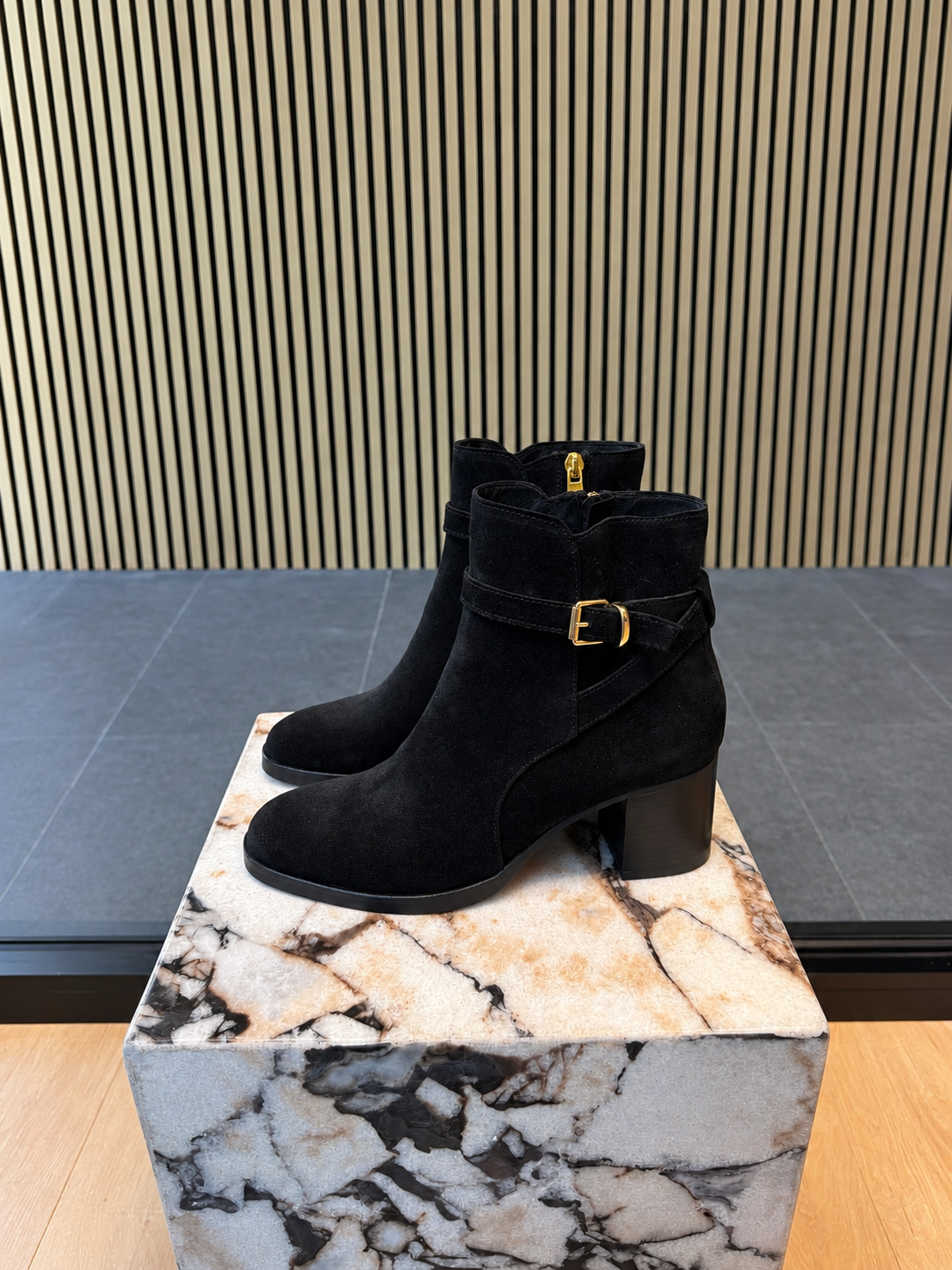 Black Suede Ankle Boots With Gold Buckle & Block Heel