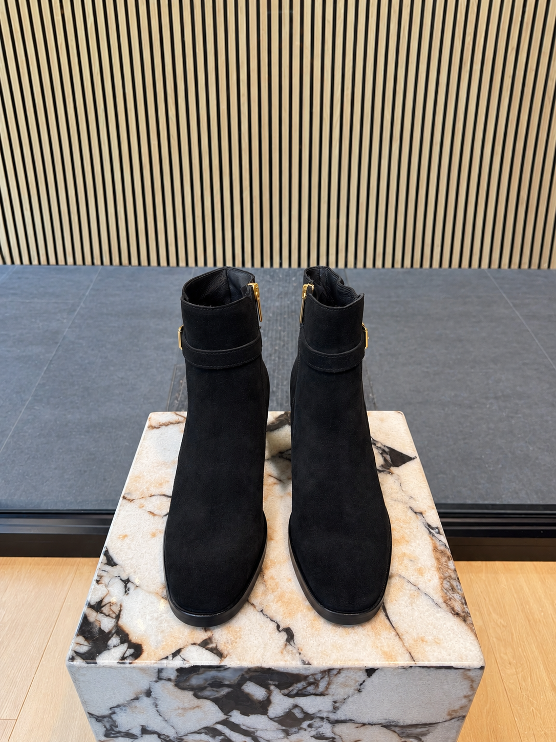 Black Suede Ankle Boots With Gold Buckle & Block Heel