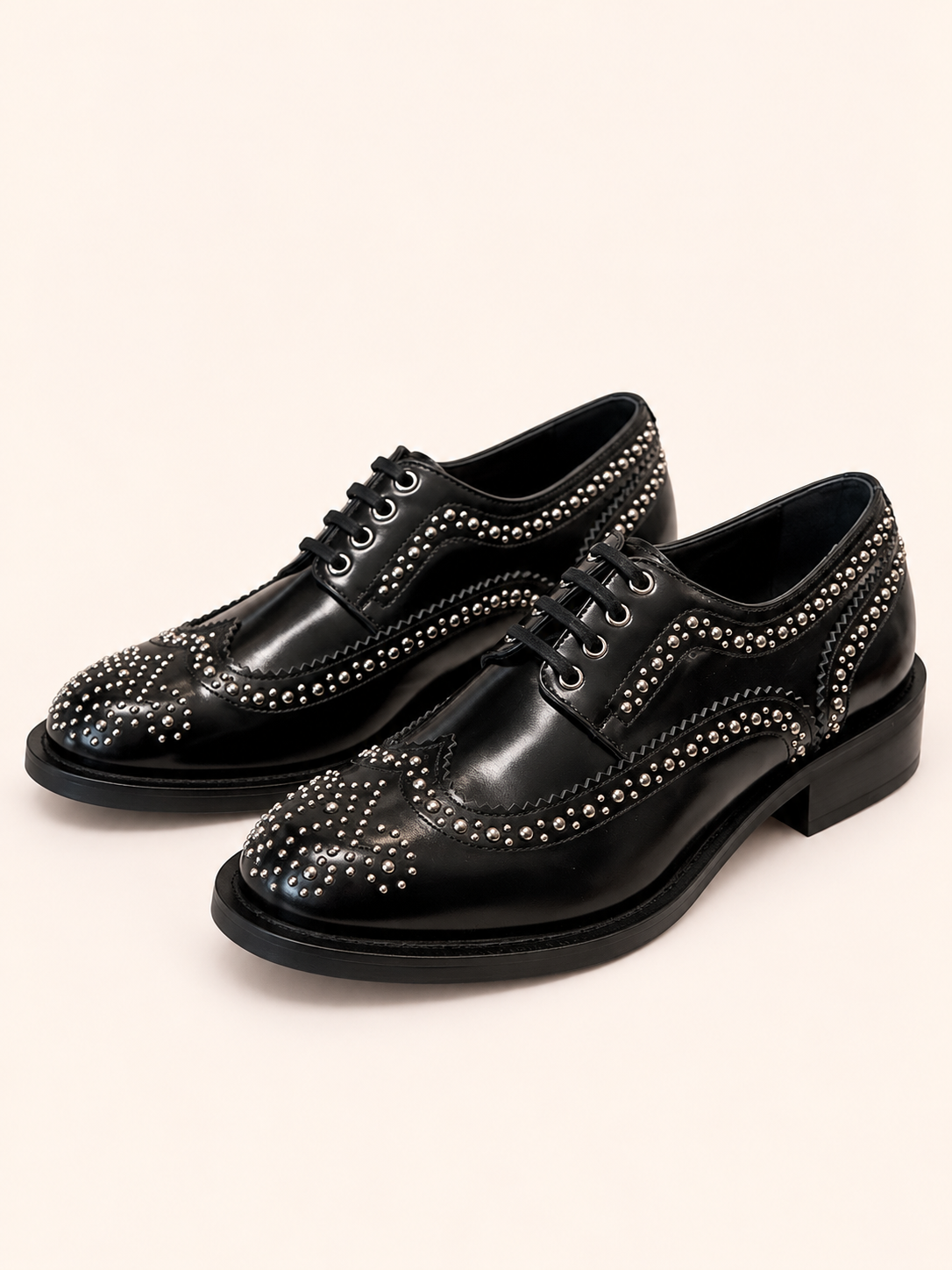 Women's Black Studded Leather Oxford Brogue Shoes