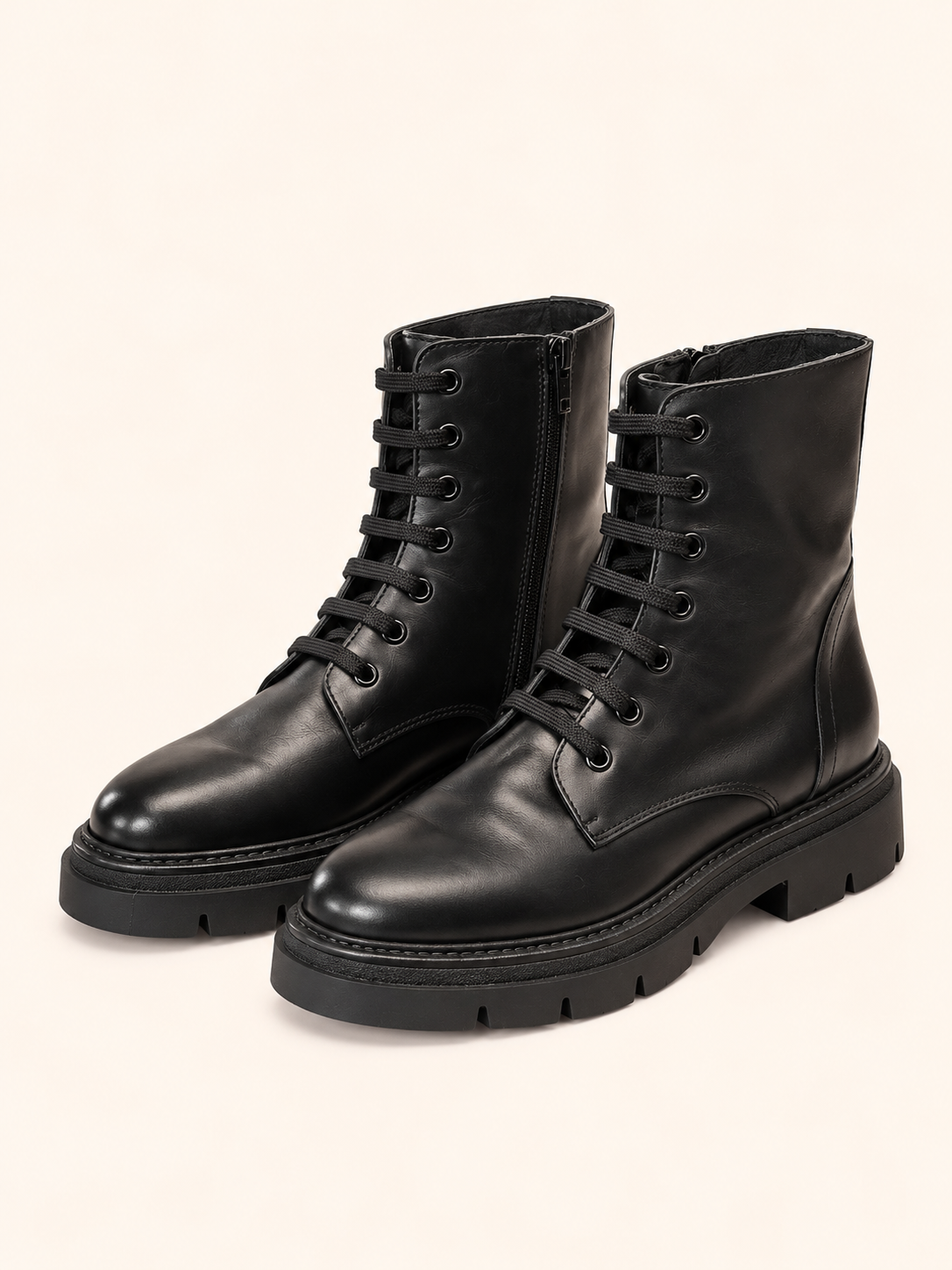 Women's Black Lace-Up Leather Ankle Boots With Chunky Lug Sole