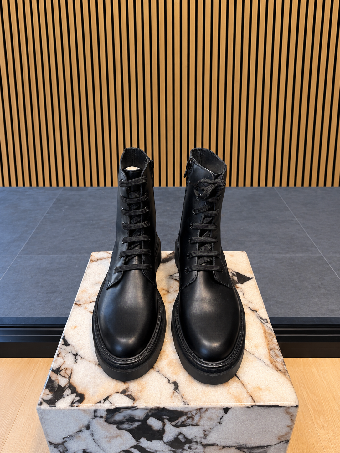 Women's Black Lace-Up Leather Ankle Boots With Chunky Lug Sole