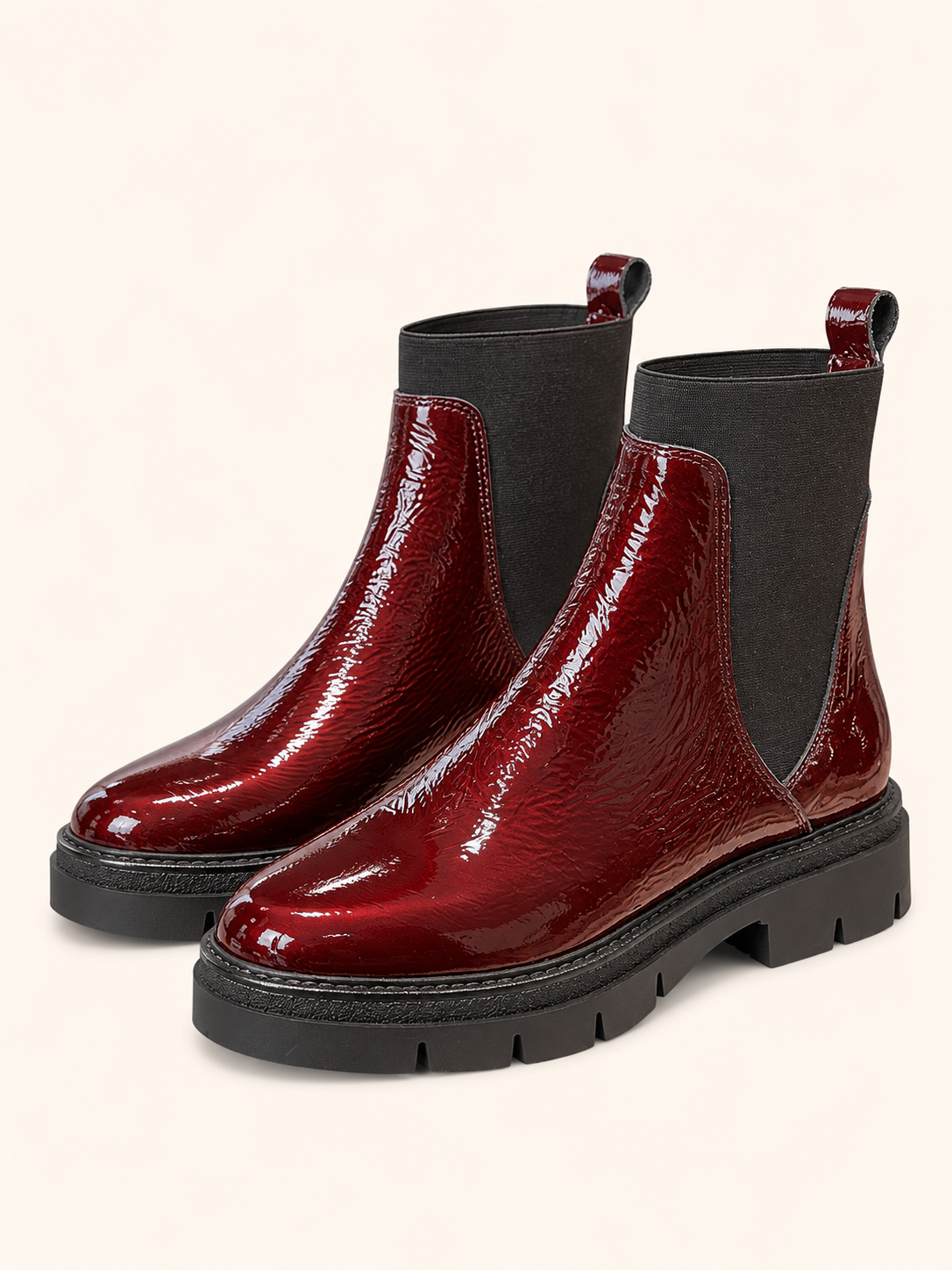 Women's Burgundy Patent Chelsea Ankle Boots With Chunky Sole