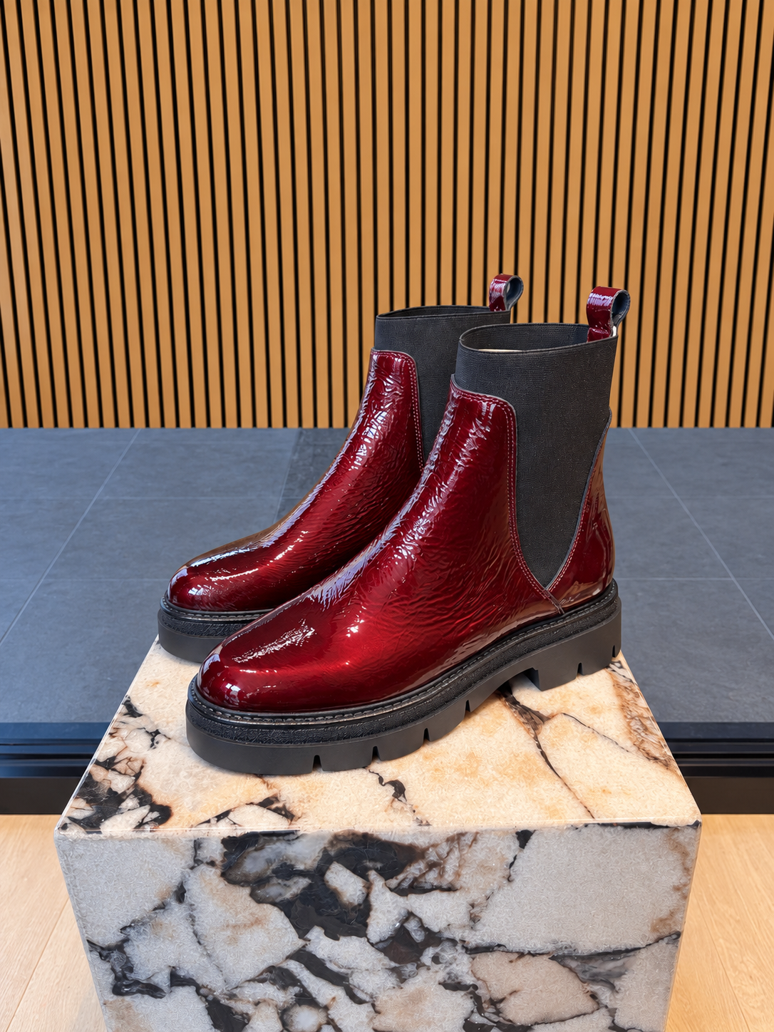 Women's Burgundy Patent Chelsea Ankle Boots With Chunky Sole
