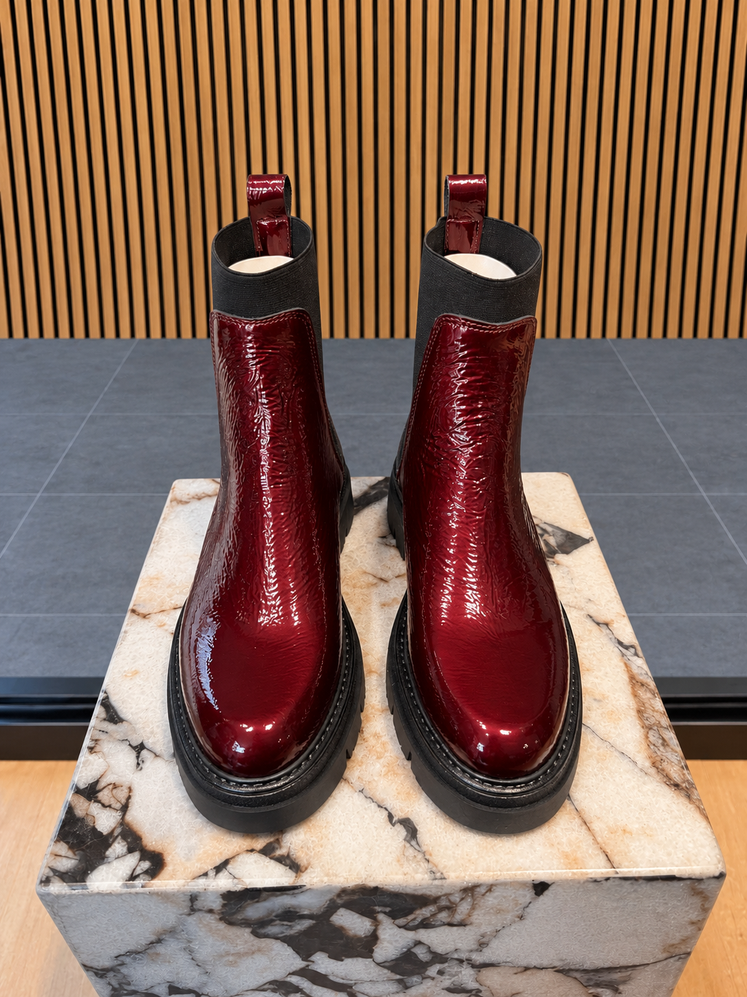Women's Burgundy Patent Chelsea Ankle Boots With Chunky Sole