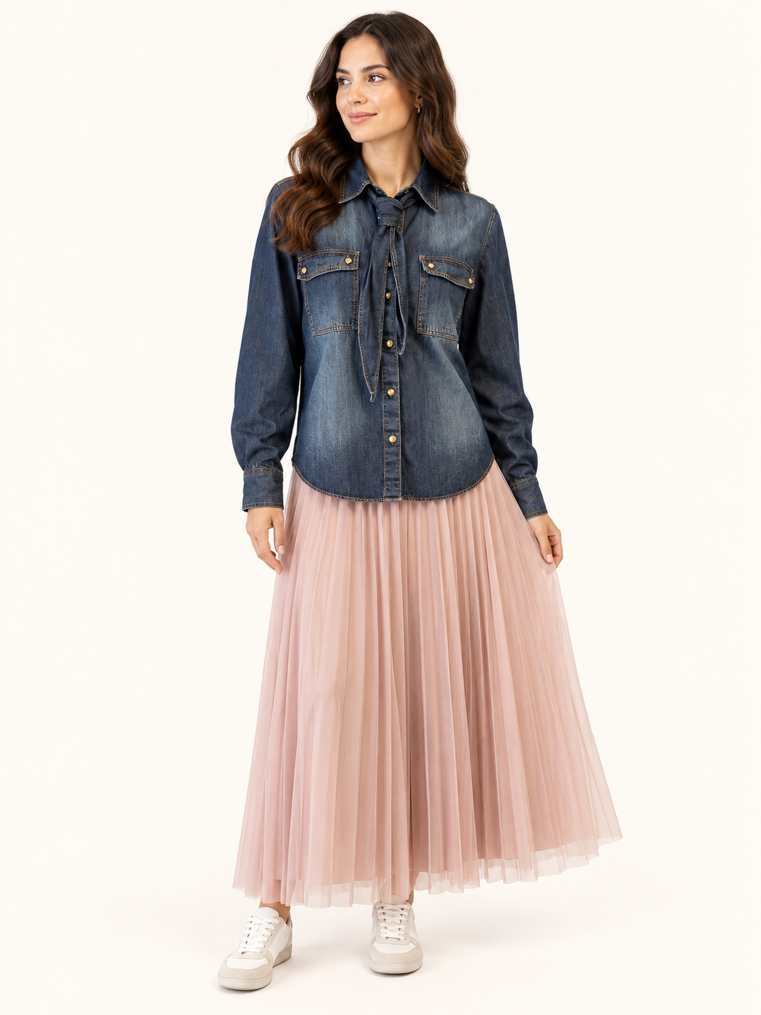 Blush Pink Pleated Tulle Midi Skirt