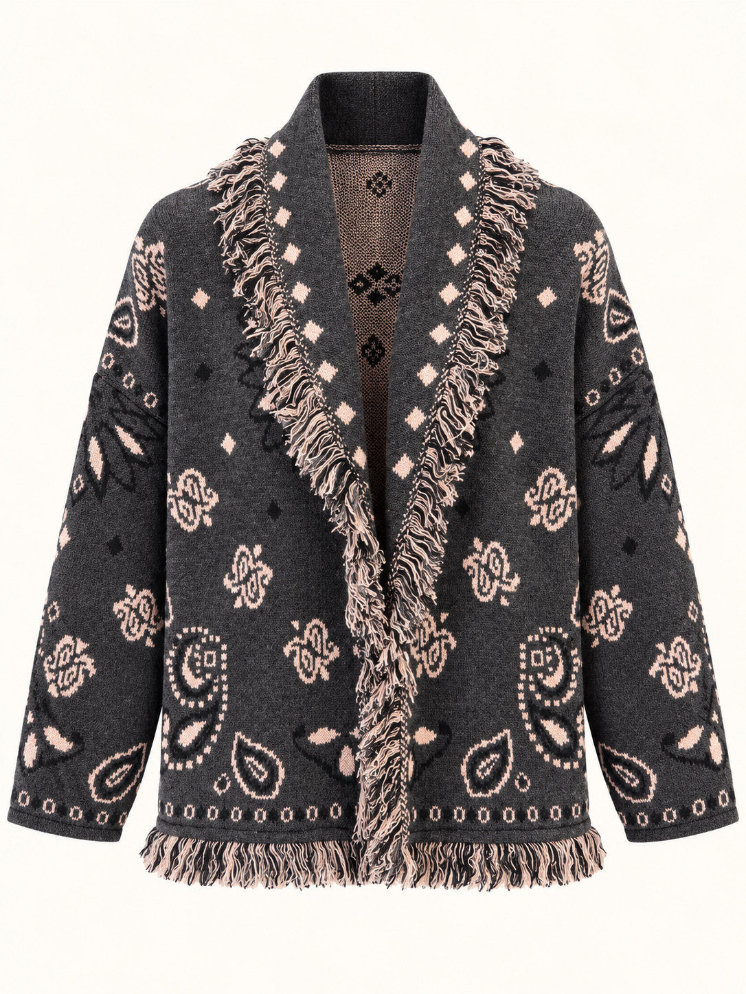 Charcoal With Pastel Pink Paisley Knit Cardigan With Fringe Trim