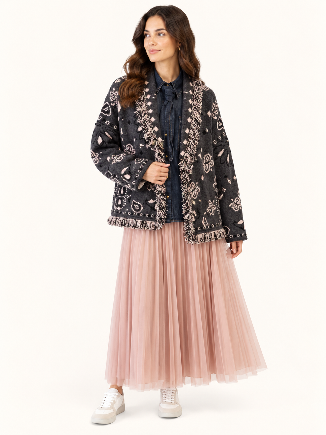 Charcoal With Pastel Pink Paisley Knit Cardigan With Fringe Trim
