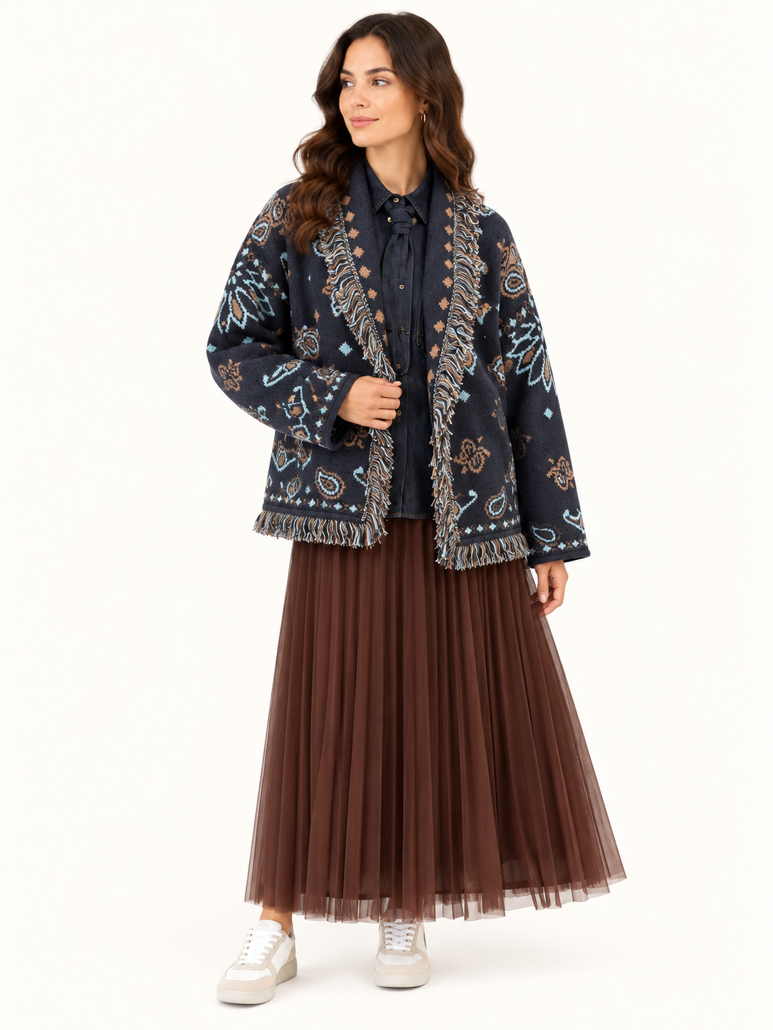 Navy Blue With Brown Paisley Knit Cardigan With Fringe Trim