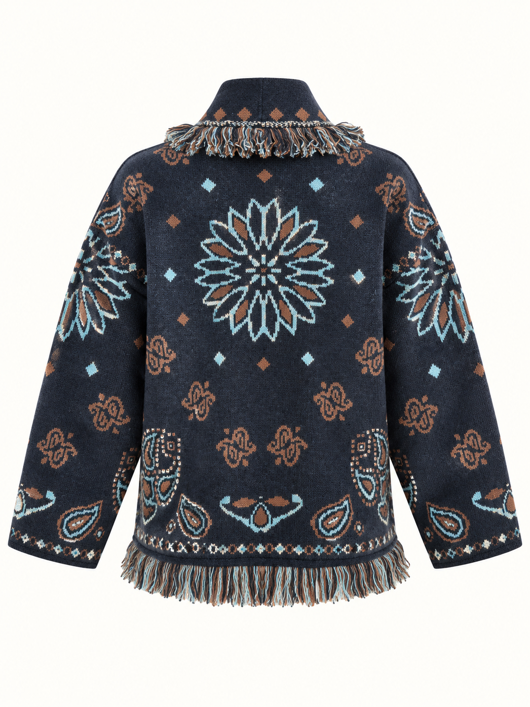 Navy Blue With Brown Paisley Knit Cardigan With Fringe Trim
