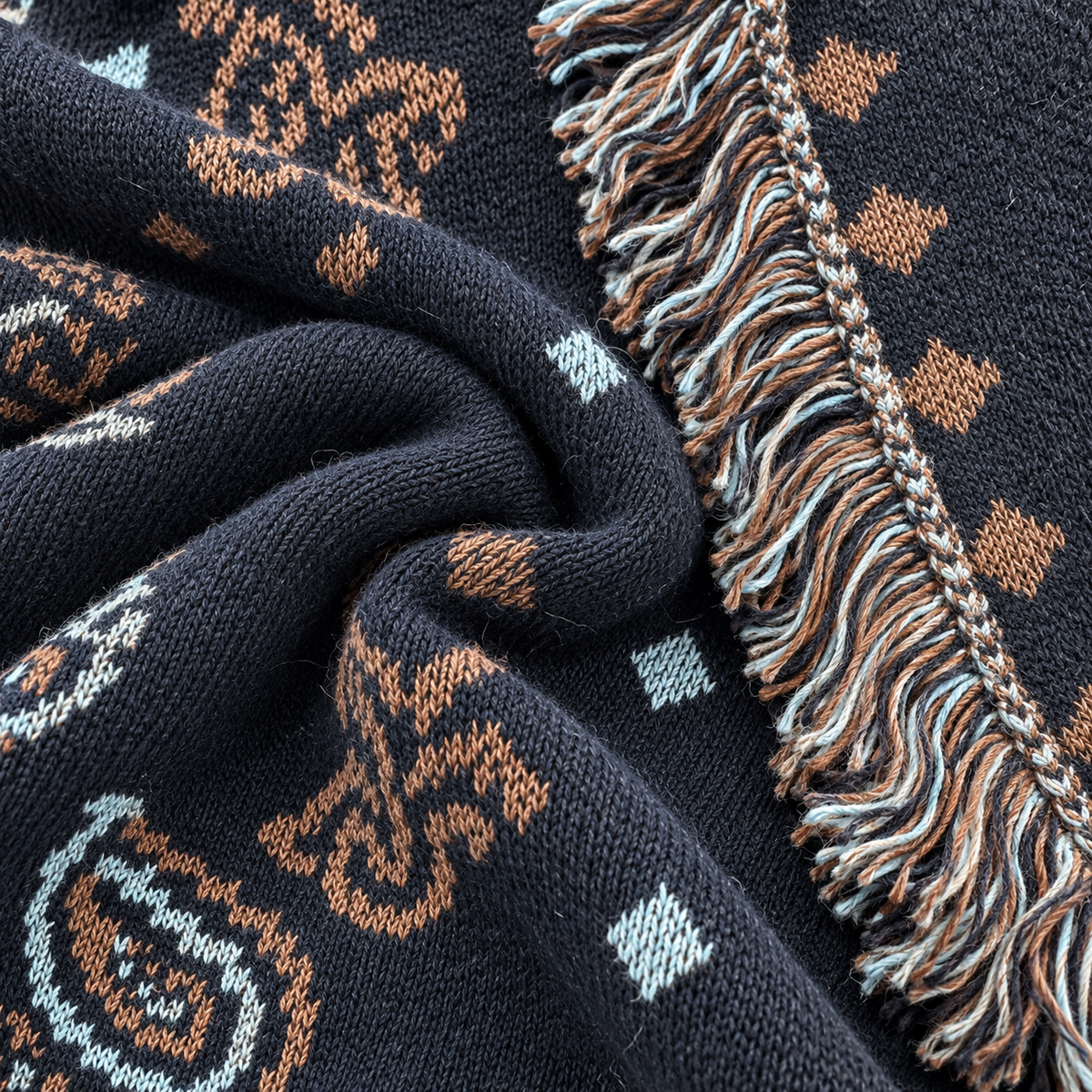 Navy Blue With Brown Paisley Knit Cardigan With Fringe Trim