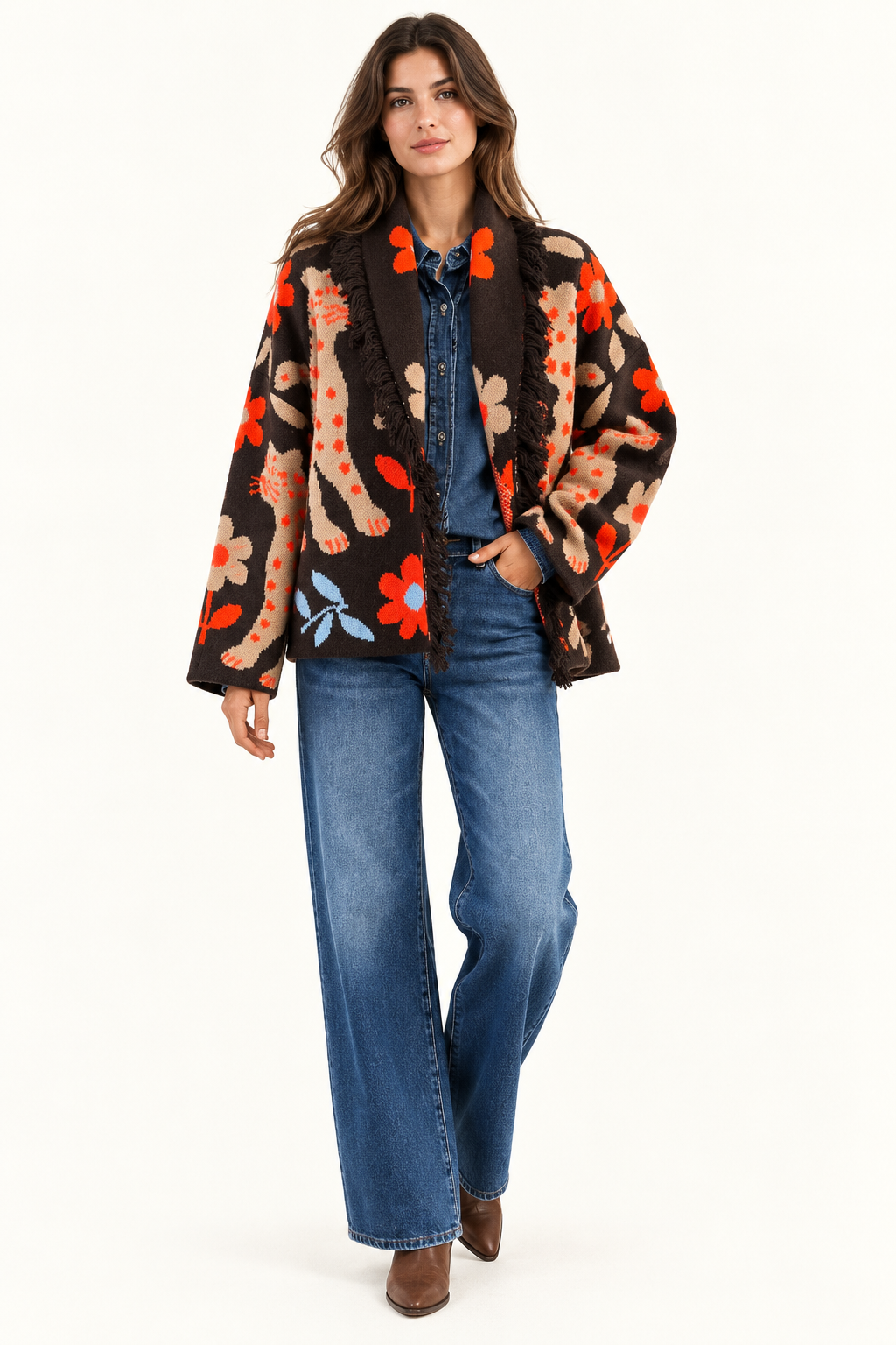 Women's Relaxed Fit Brown Jacquard Knit Cardigan With Leopard And Floral Print