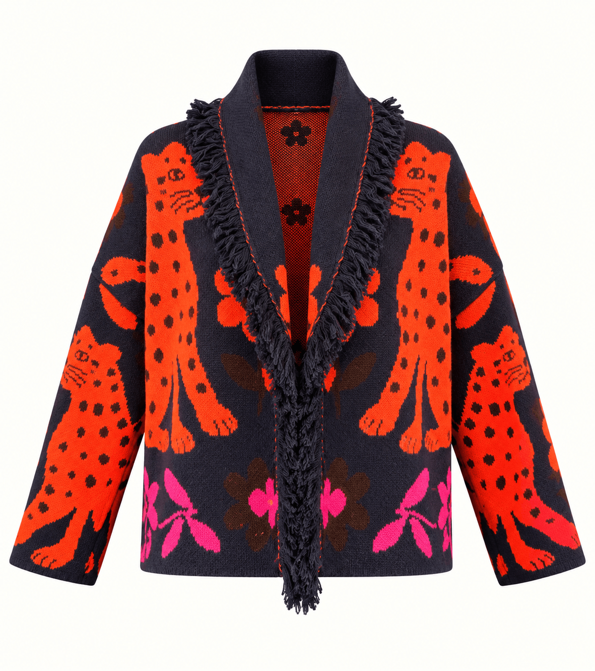 Women's Relaxed Fit Navy Jacquard Knit Cardigan With Leopard & Floral Print