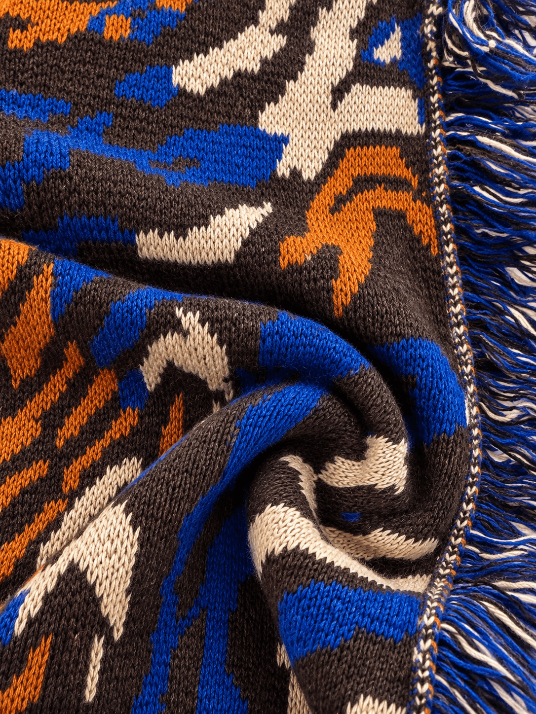 Women's Relaxed Fit Fringed Jacquard Knit Cardigan - Brown, Cobalt Blue & Rust