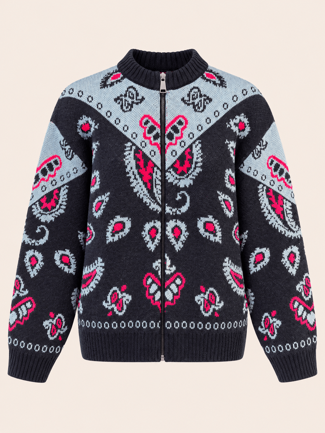 Relaxed Fit Navy Paisley Jacquard Zip-Up Cardigan - Women's Knitwear
