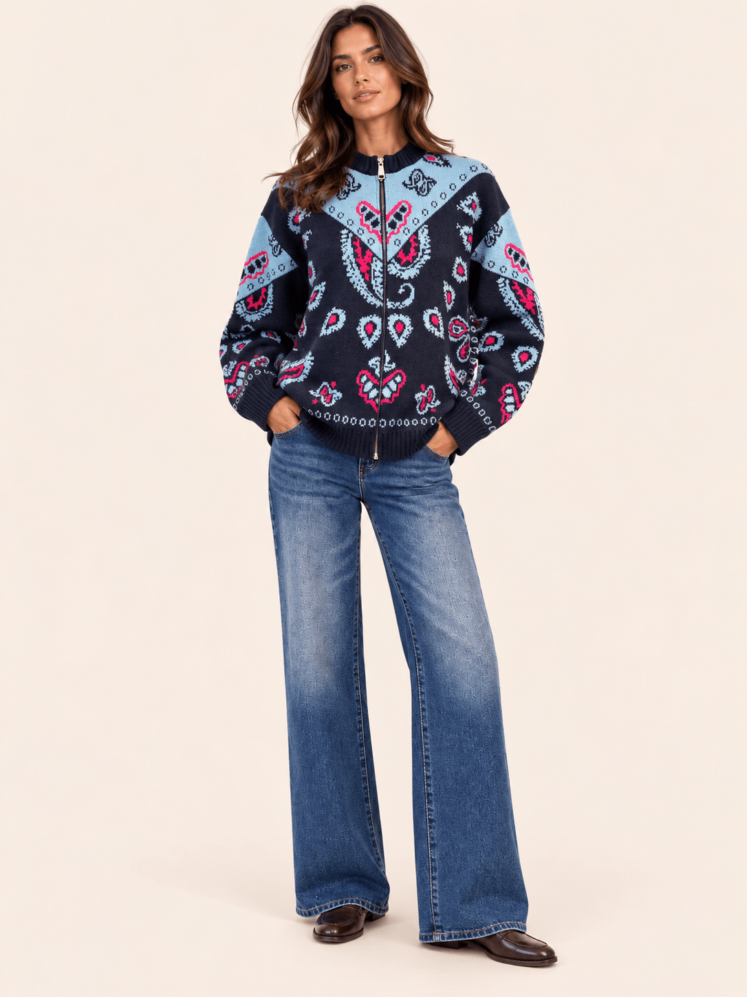 Relaxed Fit Navy Paisley Jacquard Zip-Up Cardigan - Women's Knitwear