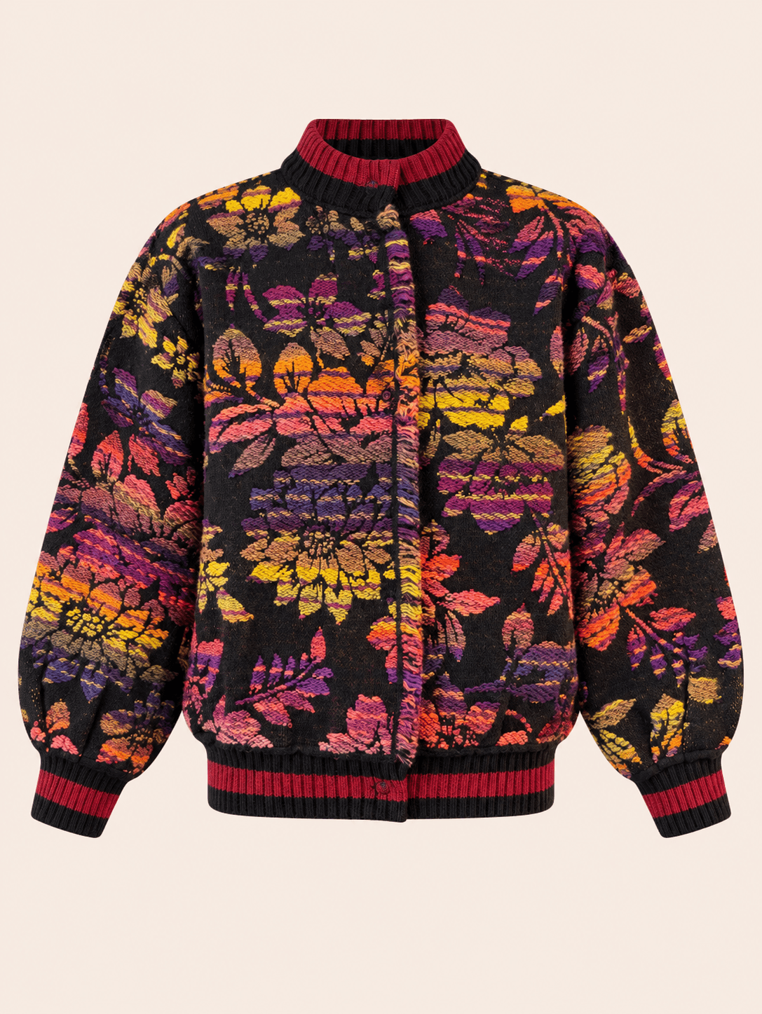 Women's Relaxed Fit Floral Jacquard Bomber Cardigan - Black Multicolor