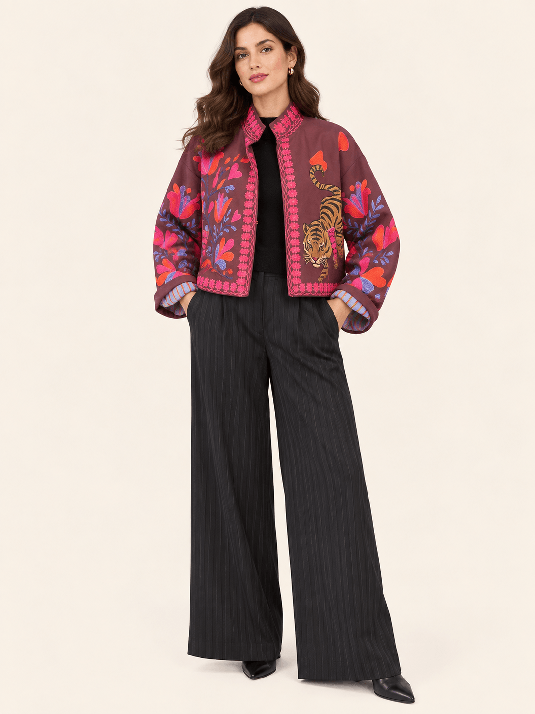 Relaxed Fit Brown Tiger & Floral Cropped Jacket With Mandarin Collar