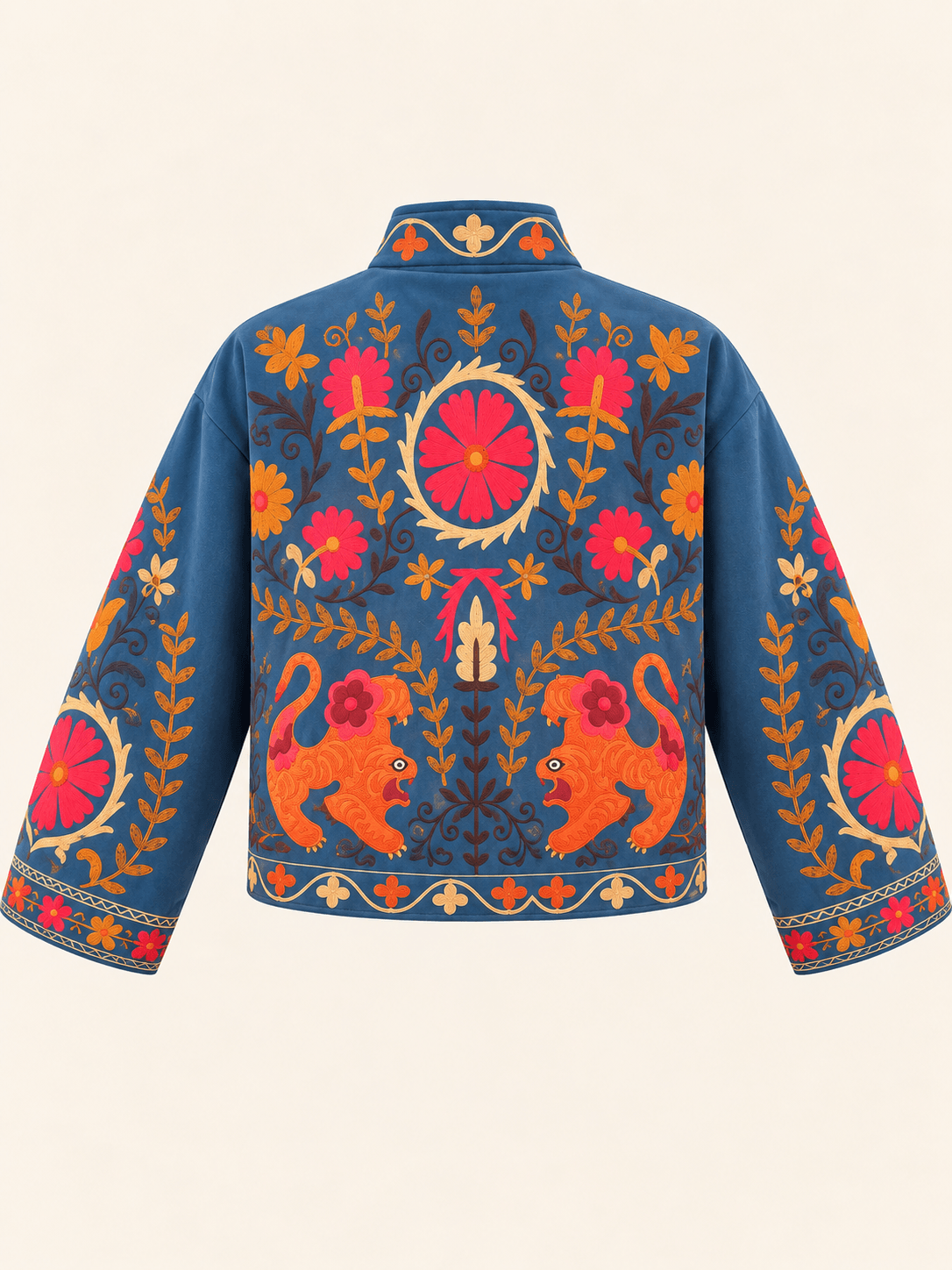 Relaxed Fit Blue Floral Print Cropped Jacket With Mandarin Collar