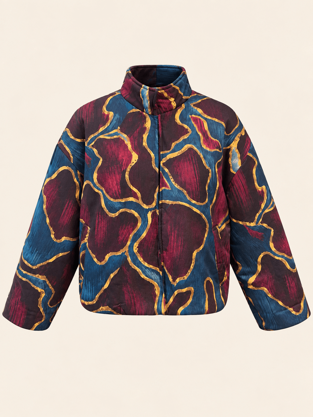 Women's Abstract Print Lightweight Puffer Jacket - Burgundy, Navy & Gold