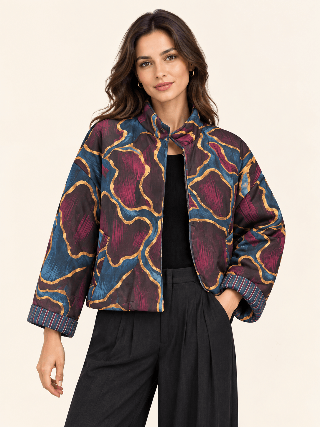 Women's Abstract Print Lightweight Puffer Jacket - Burgundy, Navy & Gold