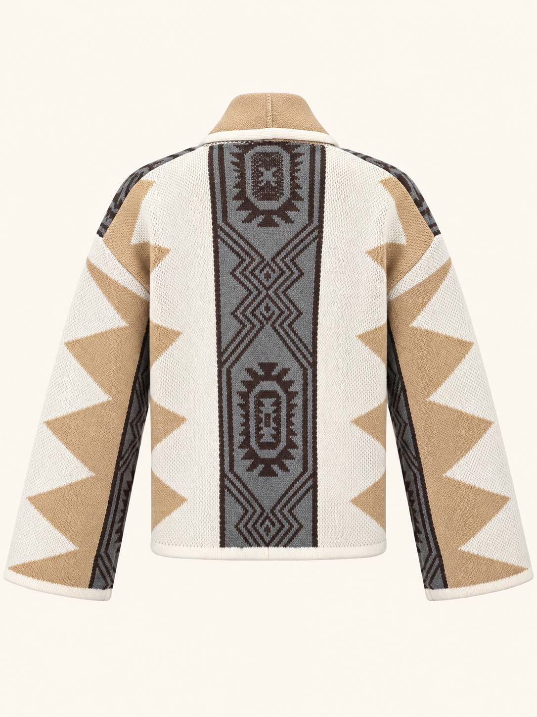 Women's Geometric Knit Cardigan With Tie Front - Cream, Camel & Grey