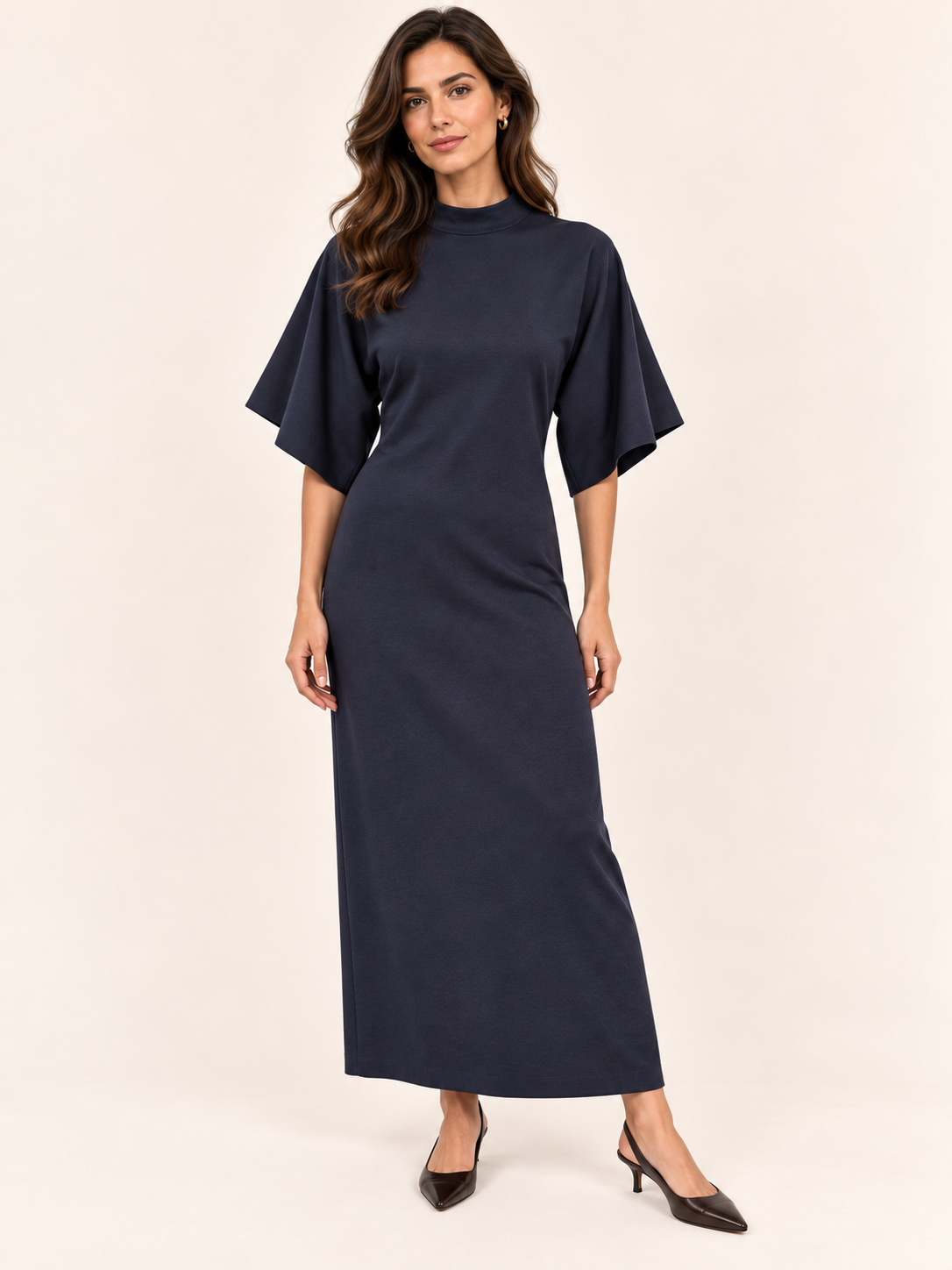 Midnight Blue Mock Neck Maxi Dress With Wide Sleeves