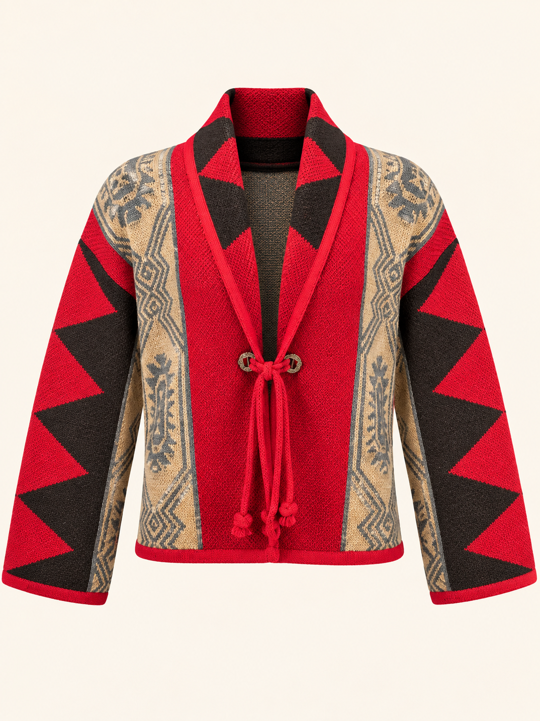 Women's Geometric Knit Cardigan With Tie Front - Red, Brown & Camel
