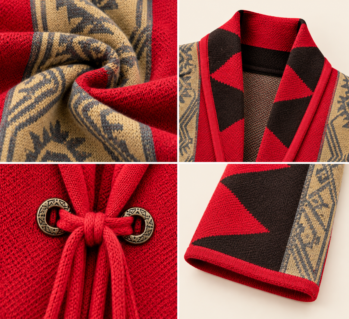 Women's Geometric Knit Cardigan With Tie Front - Red, Brown & Camel
