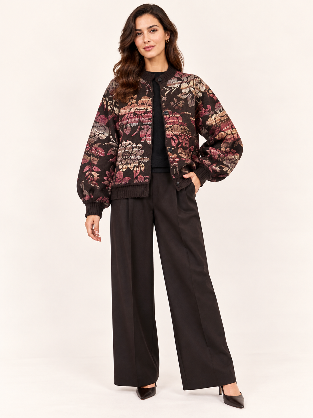 Women's Relaxed Fit Brown Floral Jacquard Bomber Cardigan